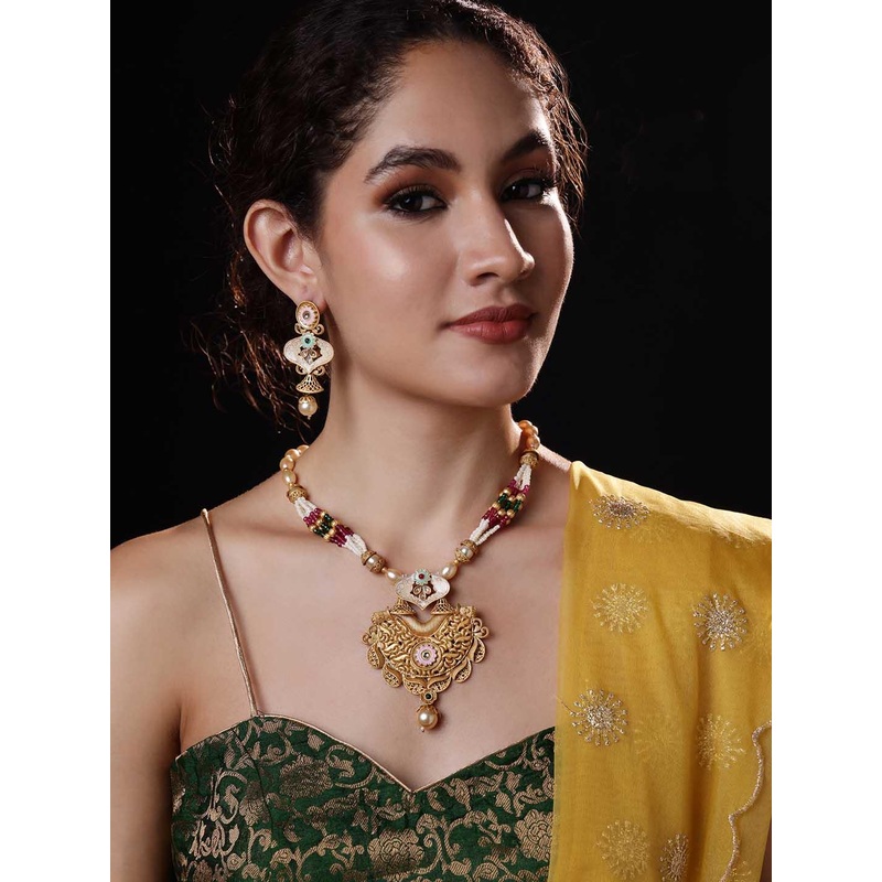 PANASH Gold-Plated Stone-Studded & Beaded Jewellery Set