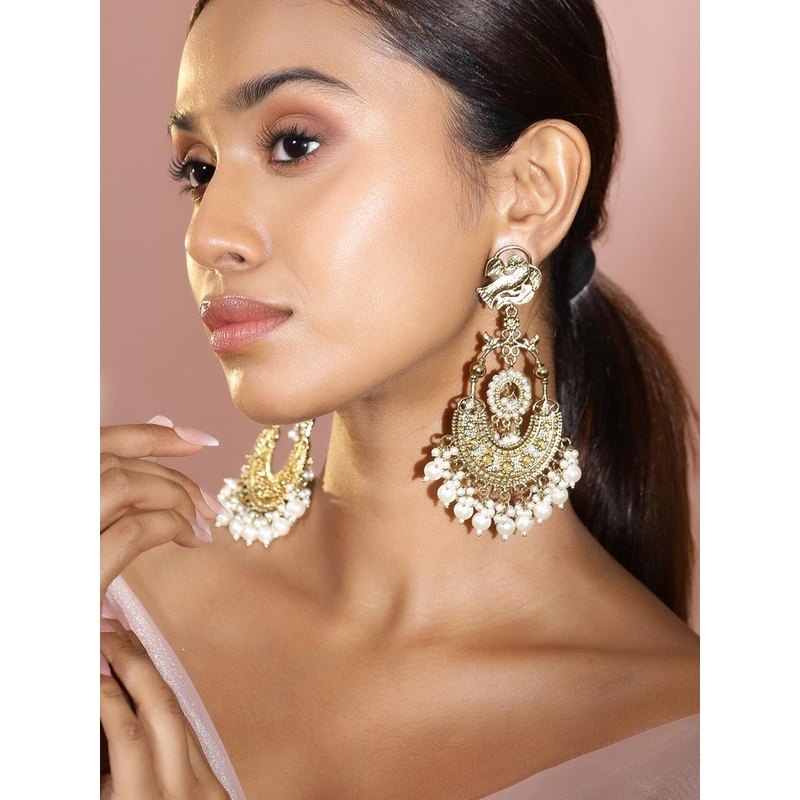 Rubans 18K Gold-Plated Large Chandbali Earrings with White Pearl Beaded Accents