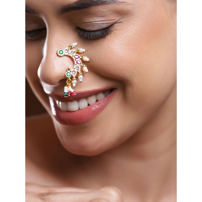 Rubans 18K Gold-Plated Ruby Pink White & Emerald Green Stone Crescent Nath with Pearl Drop