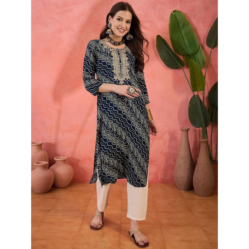 Sangria Bandhani Printed Thread Work Straight Kurta