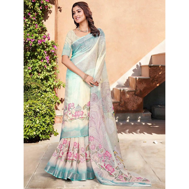 Sidhidata Floral Print Zari Saree With Unstitched Blouse Piece