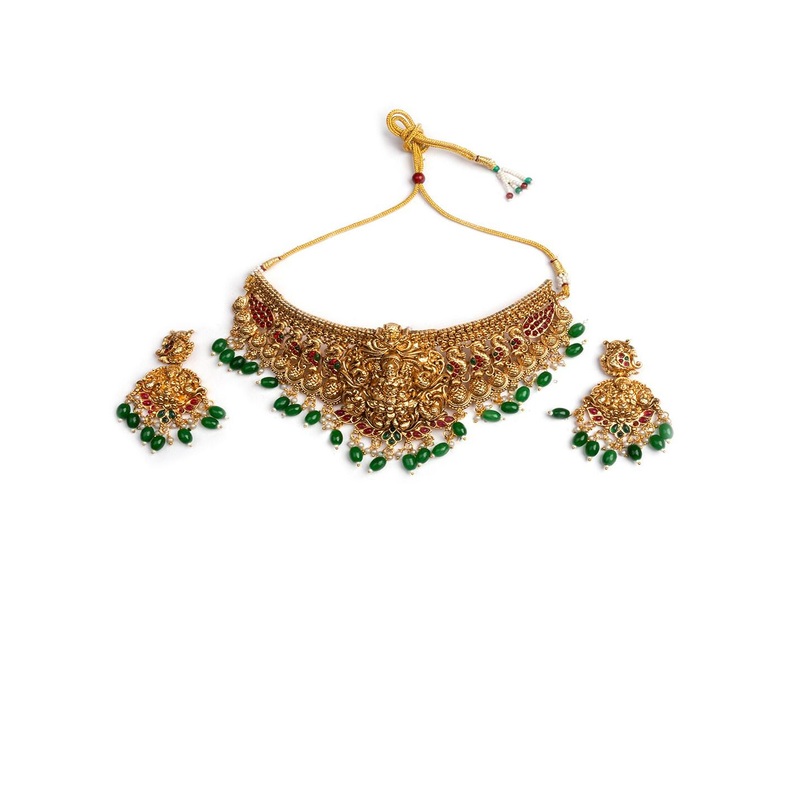 StileAdda Gold-Plated Stone Studded Temple Jewellery Set