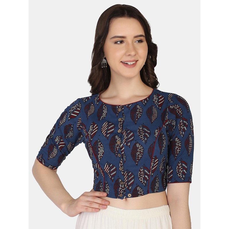 THE WEAVE TRAVELLER Navy Blue Block Print Readymade Cotton Saree Blouse