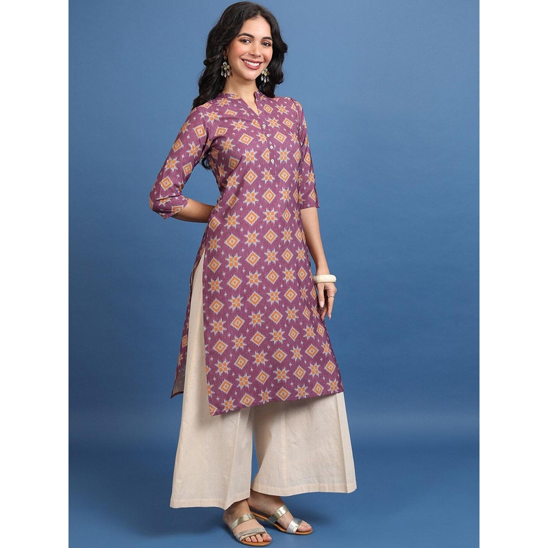 Vishudh Burgundy Ethnic Motifs Printed Mandarin Collar Straight Kurta