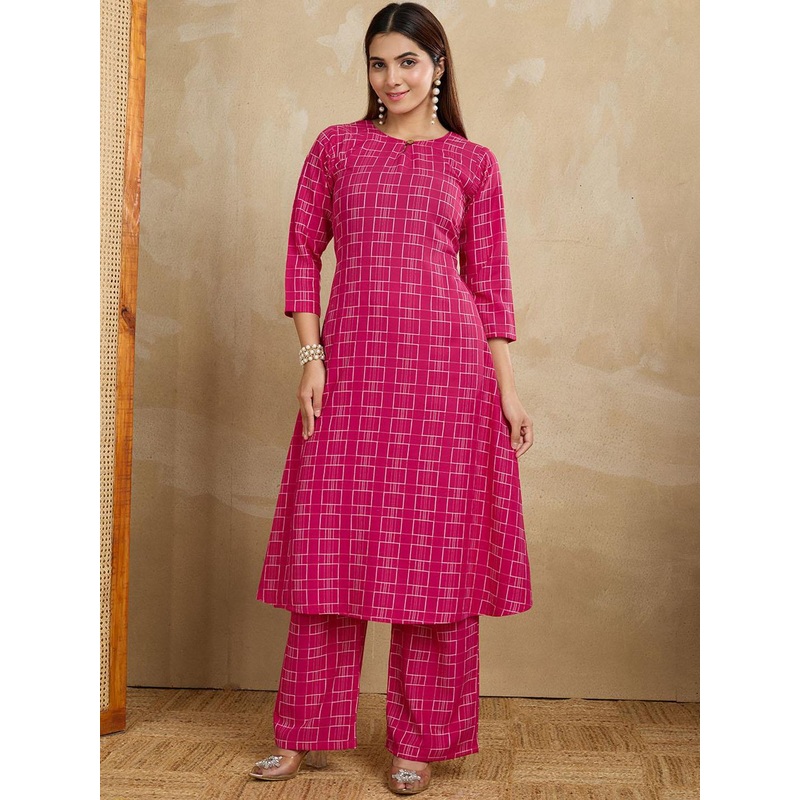Women Basket Abstract Printed Pure Cotton Round Neck A-Line Kurta With Trousers