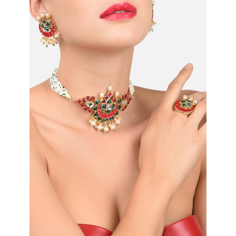 Zaveri Pearls Gold-Plated Green & Pink Kundan Studded & Beaded Jewellery Set