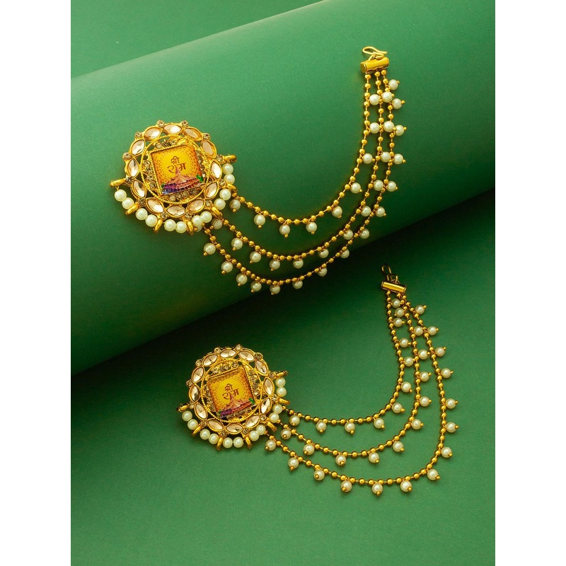 aadita Gold-Plated Stones Studded & Beaded Circular Studs Earrings With Hair Chains