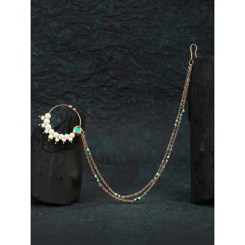 Adwitiya Collection Gold-Plated Artificial Stones Studded and Beaded Chained Nosepin