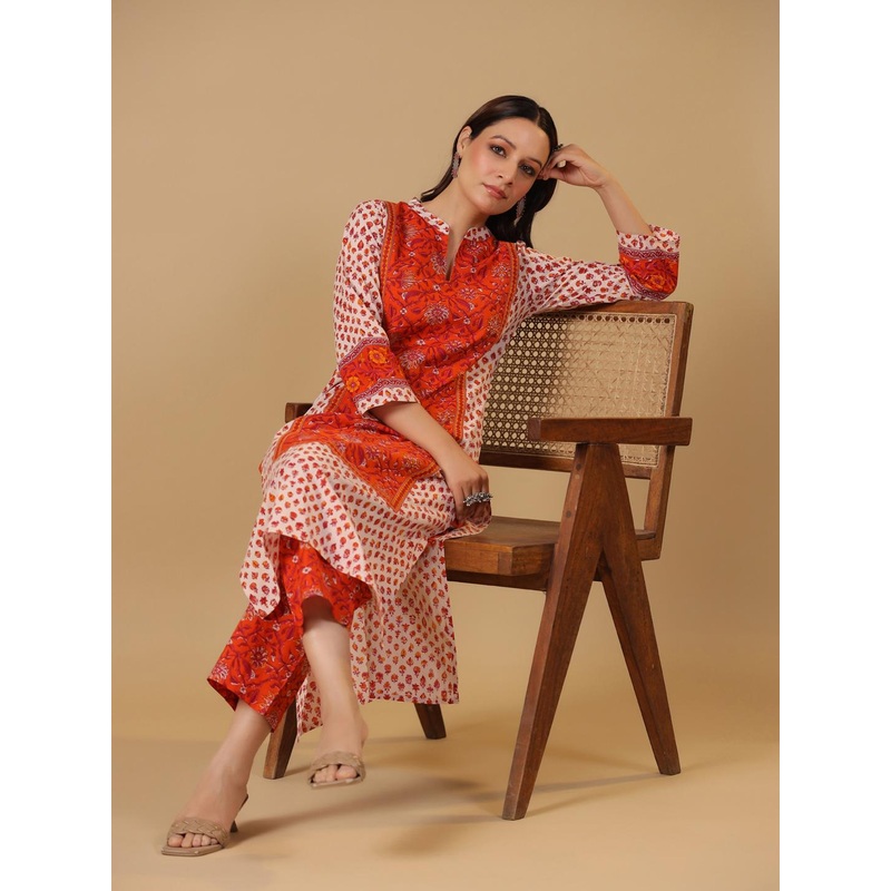 anayna Floral Printed Mandarin Collar Straight Pure Cotton Kurta With Trousers