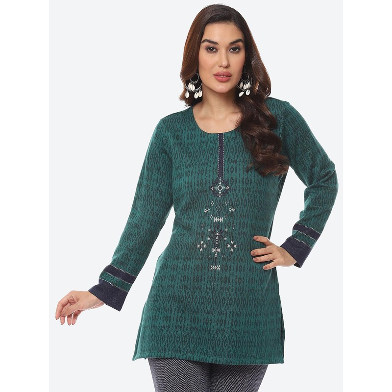 Biba Green Ethnic Motifs Printed Jacquard Kurti