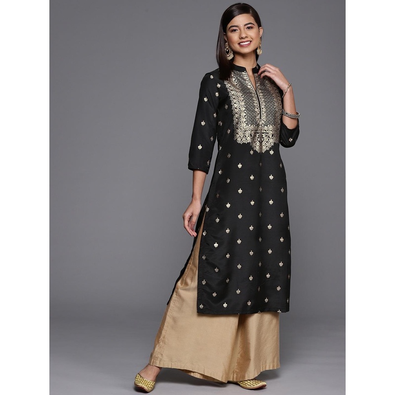 Biba Women Black & Beige Ethnic Motifs Printed Thread Work Kurta