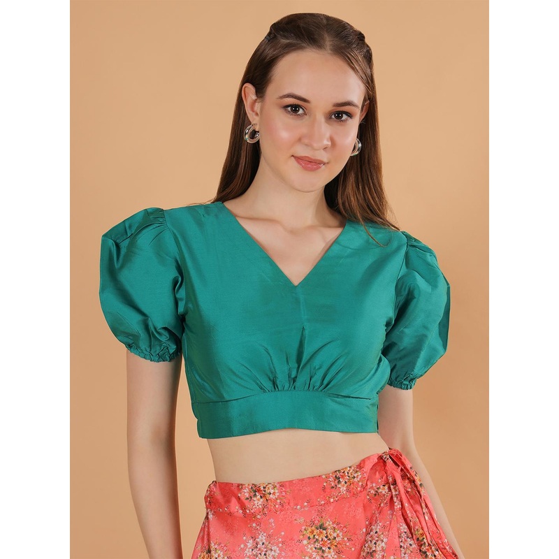 Frolic Rolic Teal Green Silk Blend V-Neck Puff Sleeves Blouse