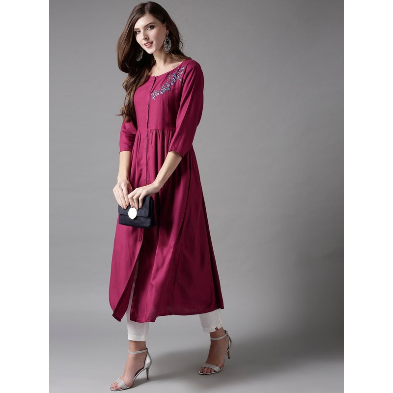 HERE&NOW Embroidered Wine Viscose Kurta