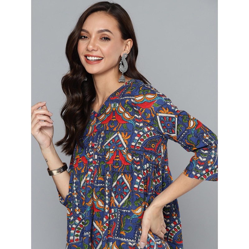HERE&NOW Women Blue & Orange Ethnic Motifs Printed Short Kurti
