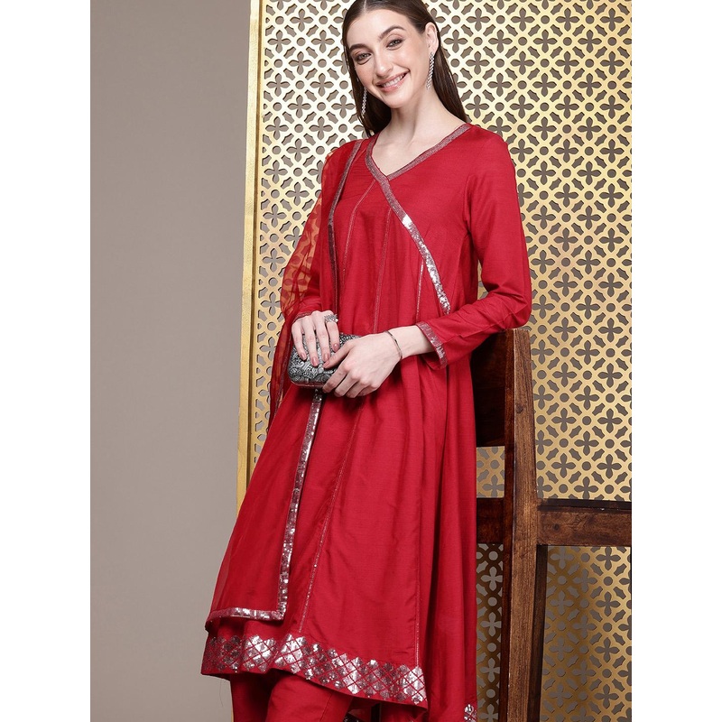 House of Pataudi Yoke Design V-Neck Sequinned Angrakha Jashn Kurta & Trousers With Dupatta
