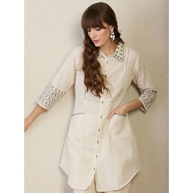 Indo Era Women Woven Design Embroidered Kurta with Trousers