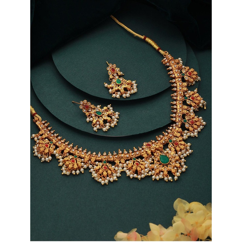 Jazz and Sizzle Gold-Plated Stone-Studded & Beaded Necklace & Earrings