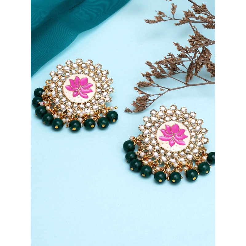 KARATCART Green Gold Plated Kundan Stud Earrings