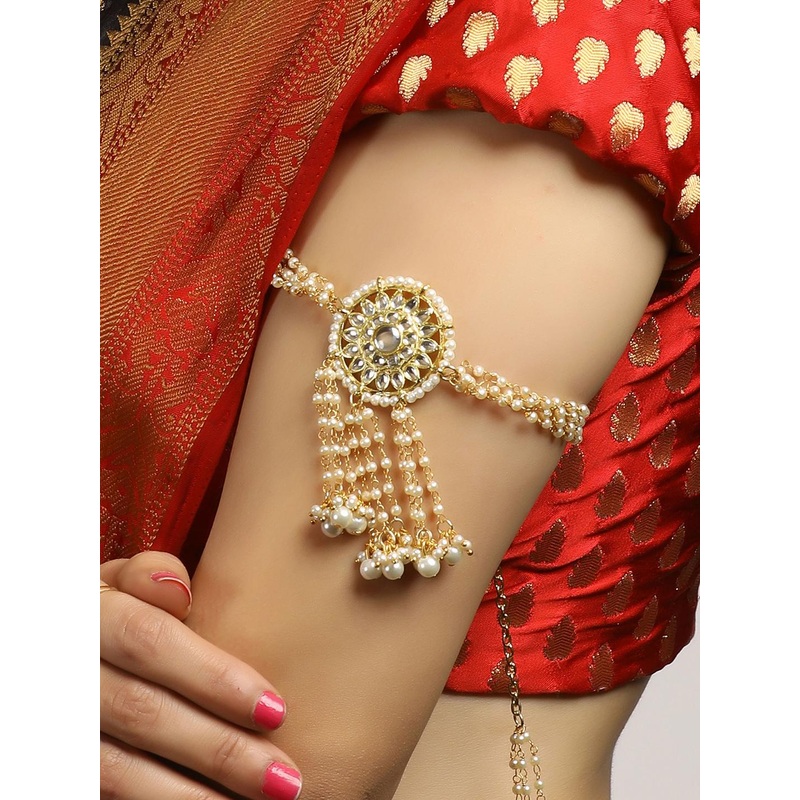 KARATCART Women Gold-Toned & White Kundan Handcrafted Gold-Plated Armlet Bracelet