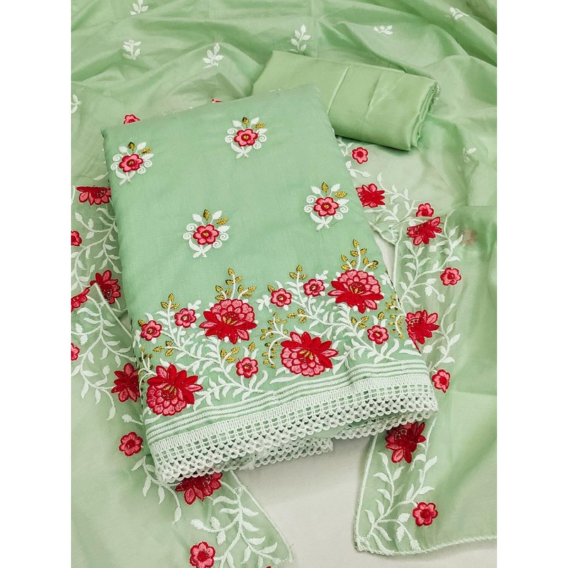 Leeza Store Floral Embroidered Thread Work Unstitched Dress Material