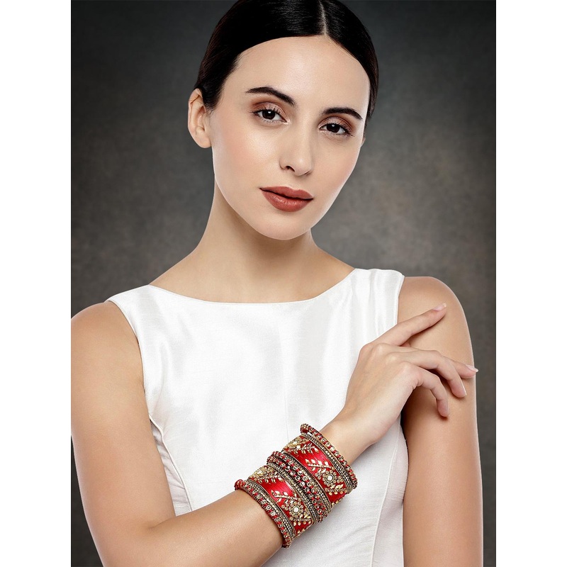 Peora Set of 10 Gold-Plated & Red Silk Thread Handcrafted Kundan Bangles