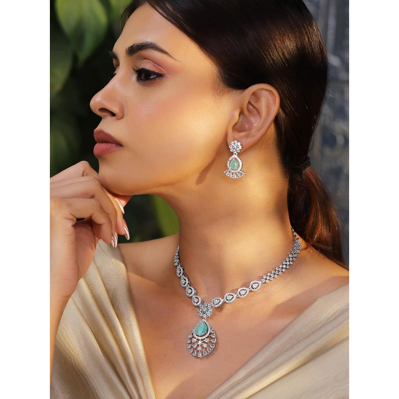 Rubans Rhodium-Plated Pastel Green AD & Cubic Zirconia Studded Necklace Set