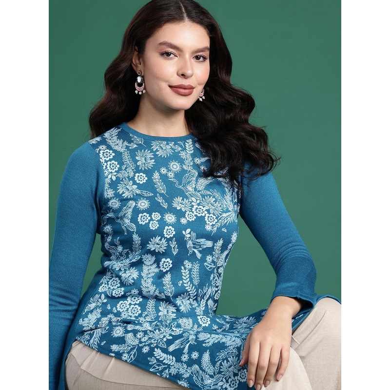 Sangria Acrylic Floral Printed Knitted Kurta