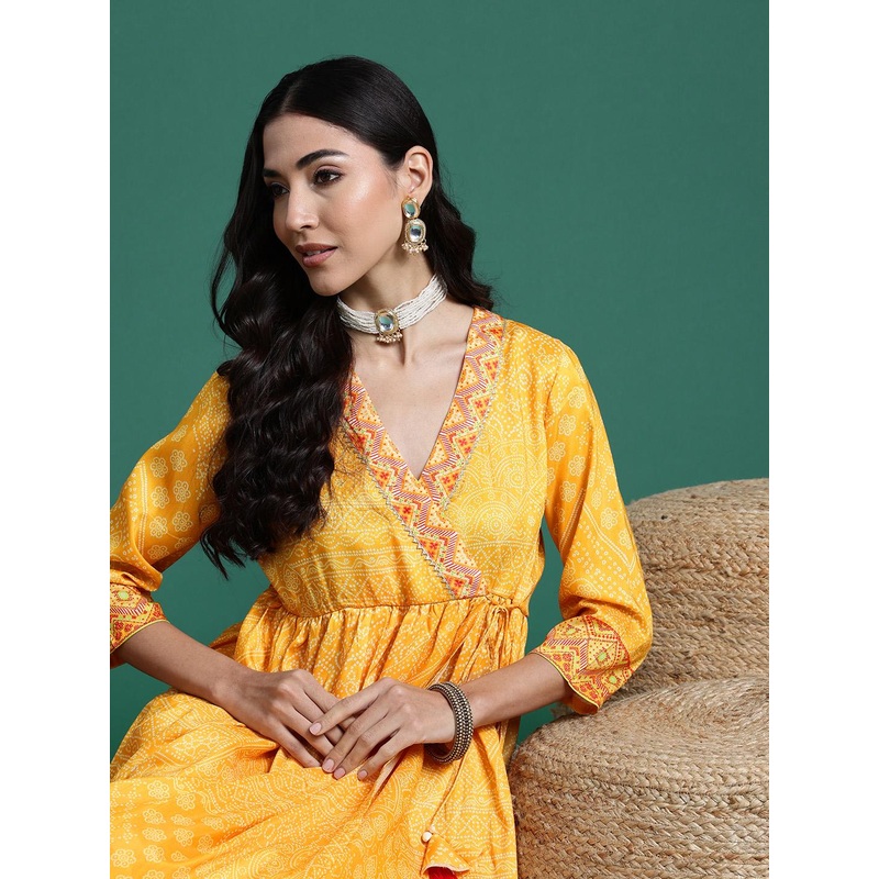 Sangria Bandhani Printed Angrakha Gotta Patti Kurta with Trousers