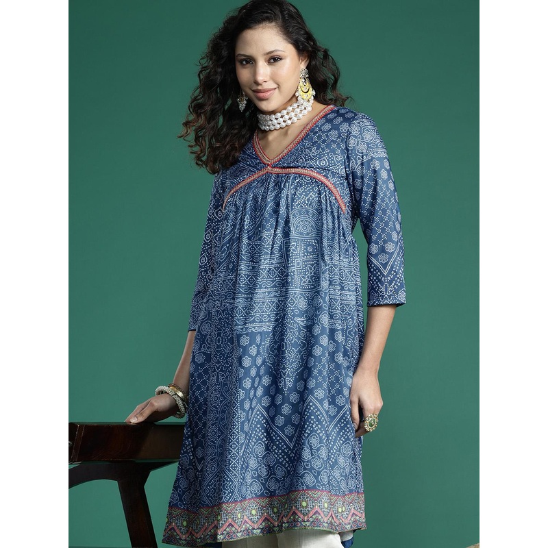 Sangria Bandhani Printed V-Neck Sequinned Empire A-Line Kurta