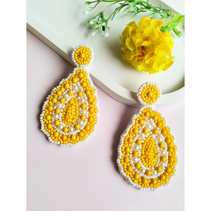 Sangria Yellow Embellished Beaded Drop Earrings
