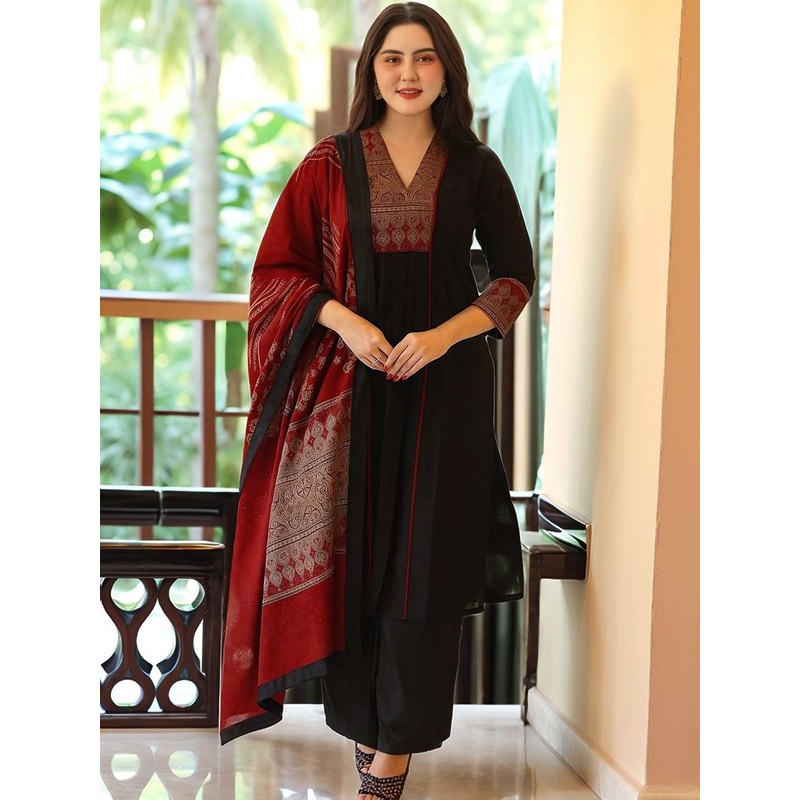 SZN Ethnic Motifs Yoke Design Pleated V-Neck Straight Kurta With Palazzos & Dupatta