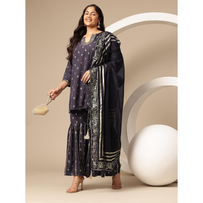 Sztori Plus Size Printed Gotta Patti Kurti with Sharara & Dupatta