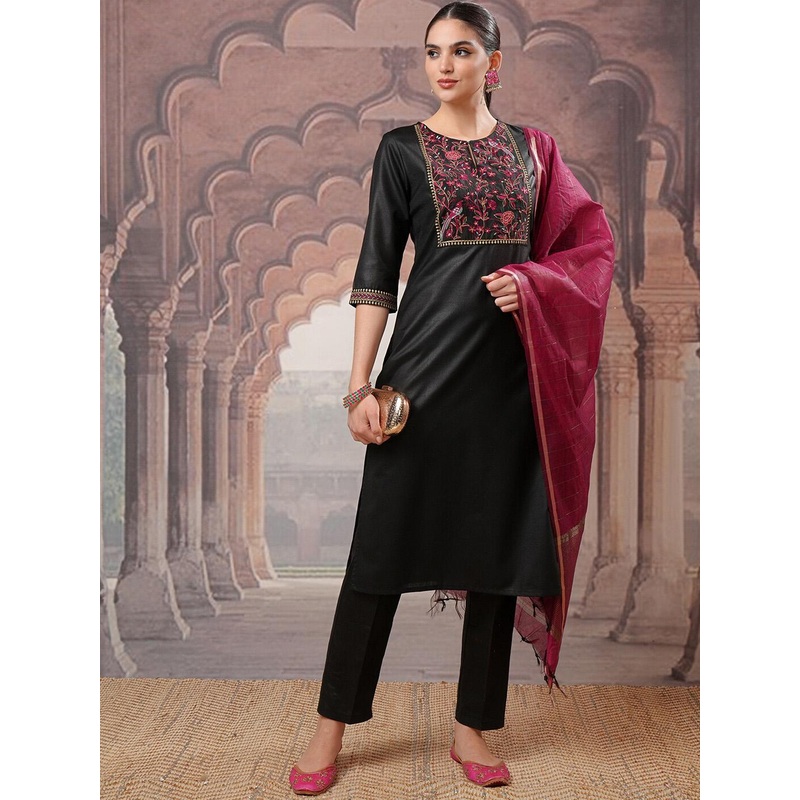 Vishudh Black Yoke Design Thread Work Kurta with Trouser & Dupatta