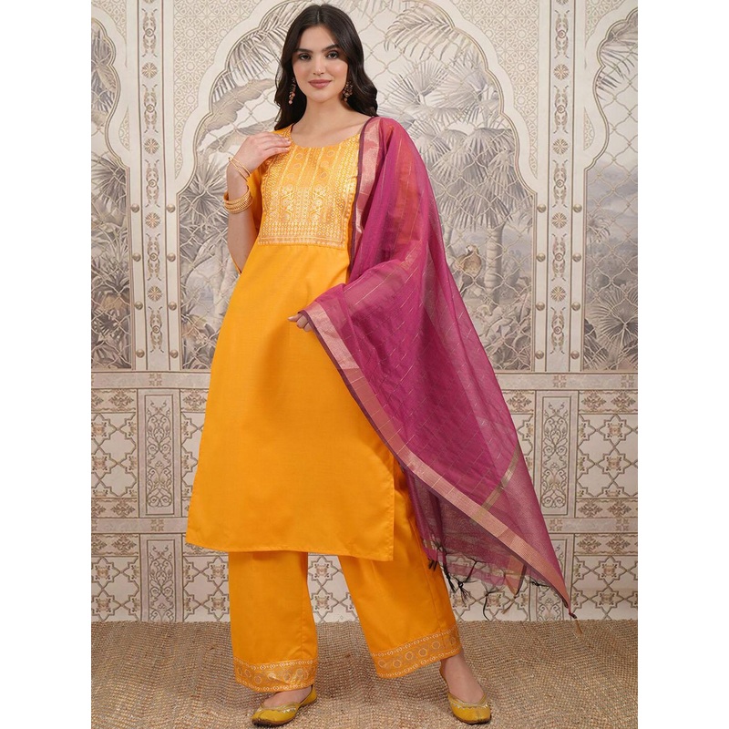 Vishudh Floral Yoke Design Straight Kurta with Palazzos & With Dupatta