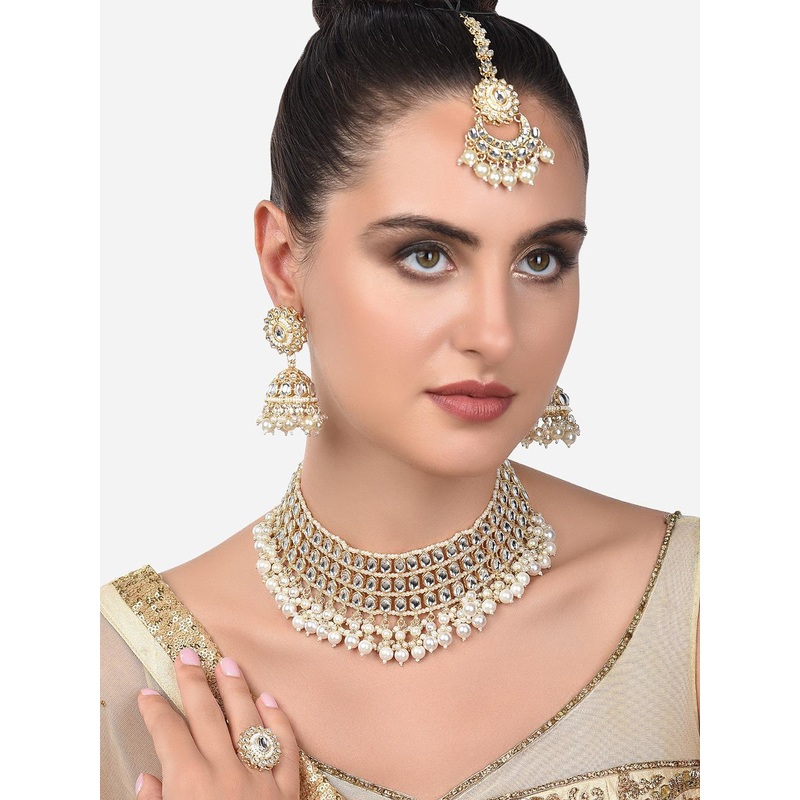 Zaveri Pearls Gold-Plated White Kundan Stone Choker & Pearl Beaded Jewellery Set