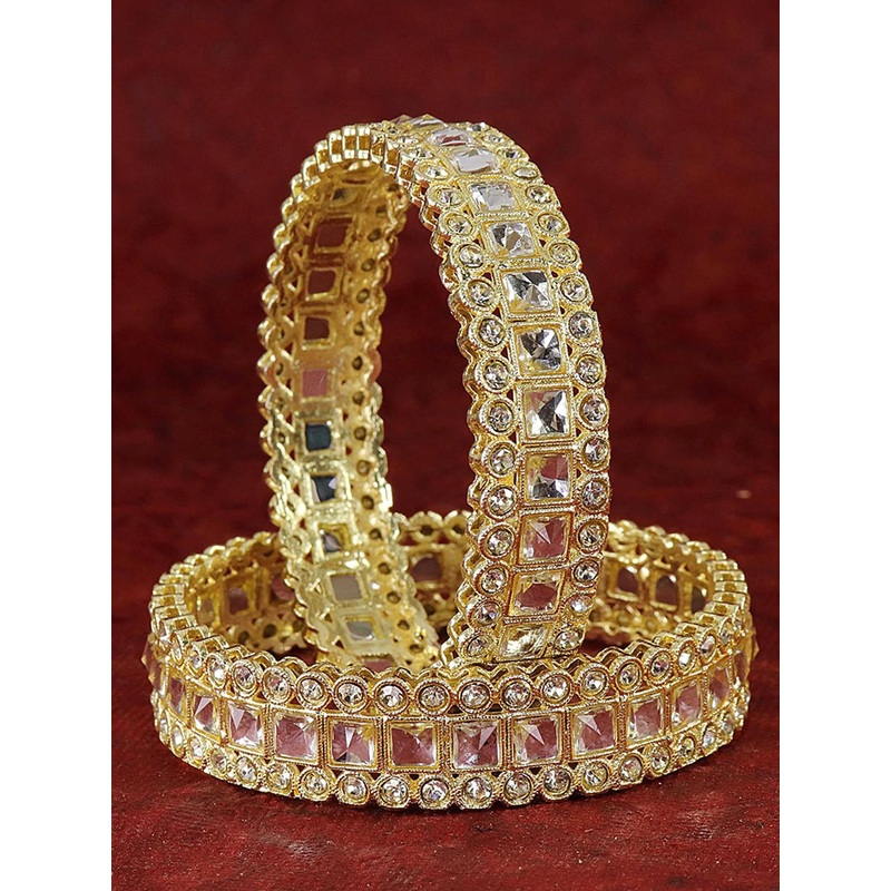 ZULKASet of 2 Golden Metal Bangles with Zircon Diamond & Kundan