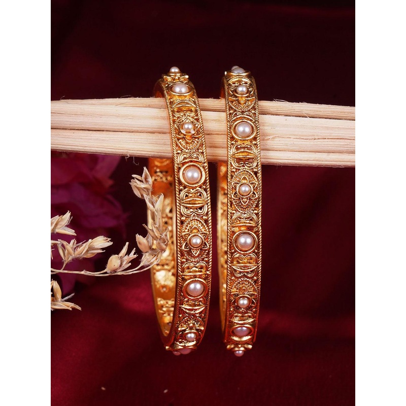 Adwitiya Collection Set Of 2 Gold-Plated Pearls Studded Flower Design Bangles