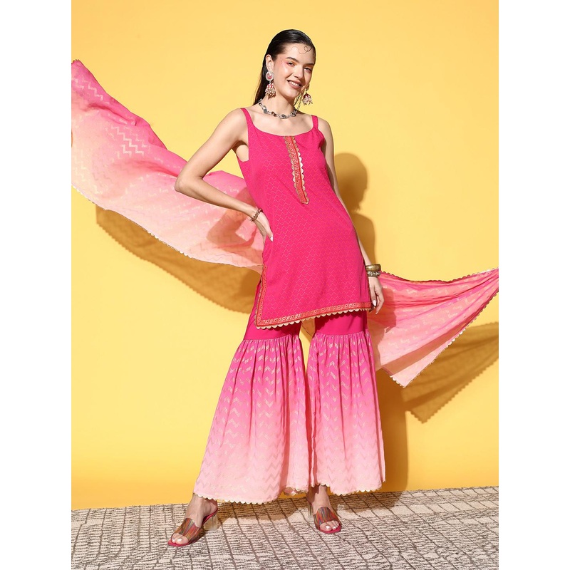 Ahalyaa Ombre Printed Shoulder Straps Straight Sharara Set With Dupatta