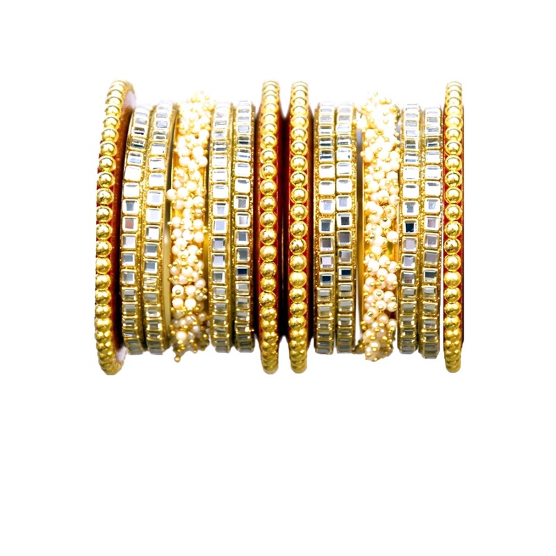 Align Set Of 2 Gold-Plated CZ Crystal Stone-Studded & Beaded Chudas Bangles
