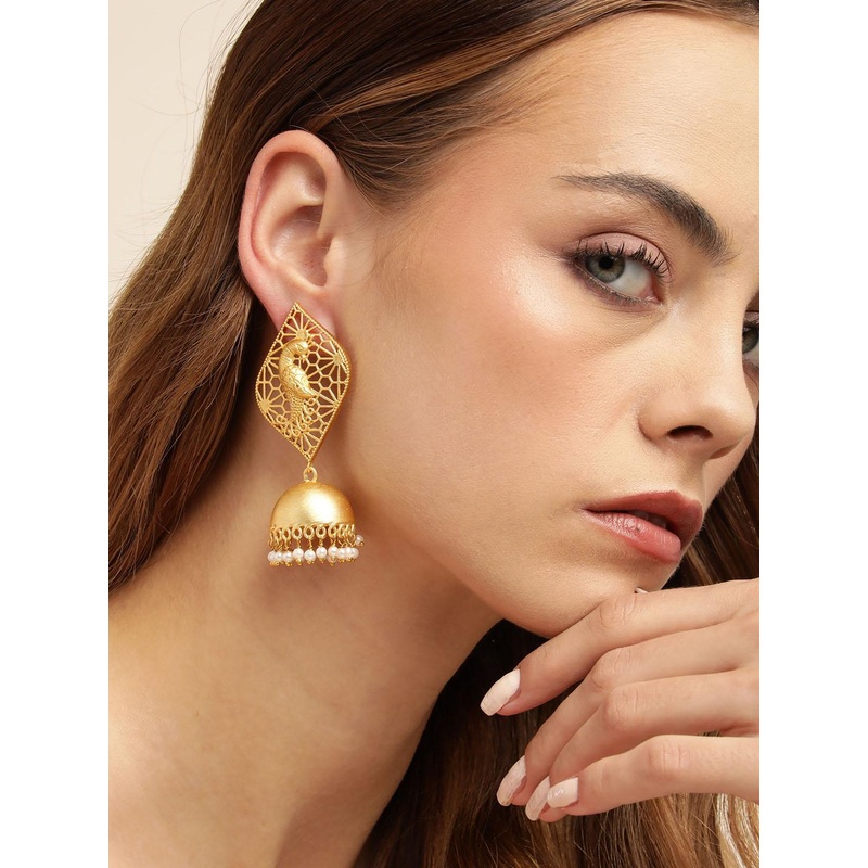 Anouk Gold Plated Beaded Dome Shaped Jhumkas Earrings with Peacock Design Detail