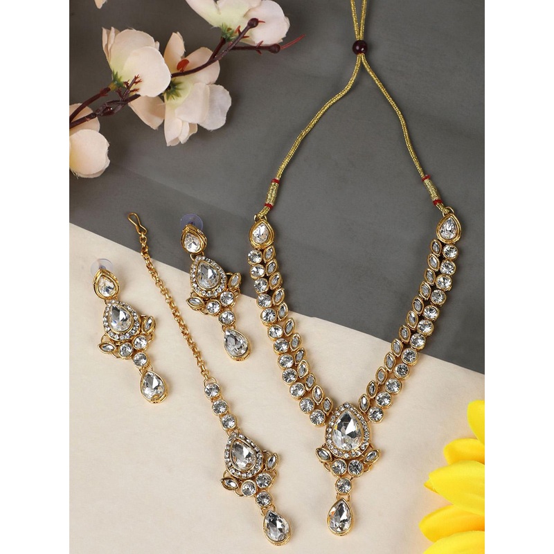 Anouk Gold-Plated Kundan Stone Studded Necklace & Earrings With Maang Tika
