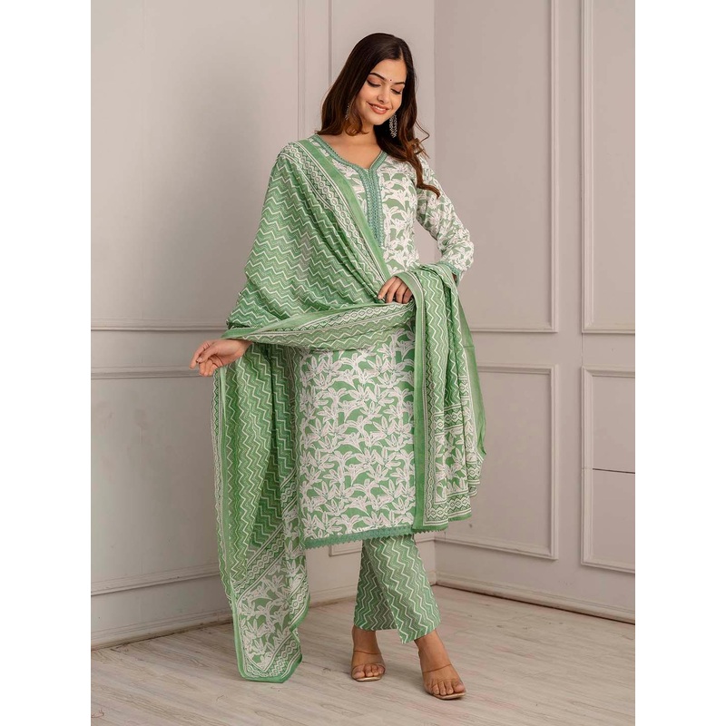 Anouk  Green Floral Printed Mirror Work Pure Cotton Kurta Set With Dupatta
