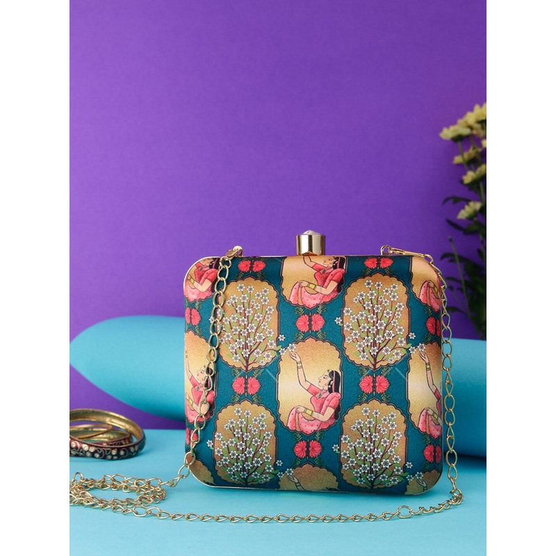 Anouk Teal Blue Printed Box Clutch