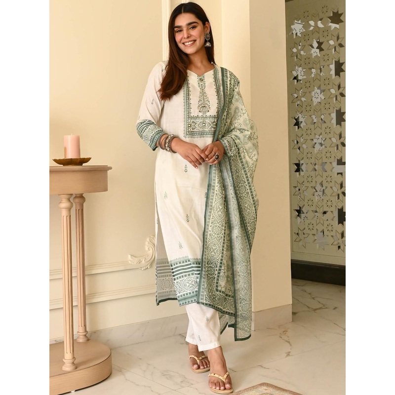 Divastri Women’s Printed Cotton Kurta Pant Dupatta Set