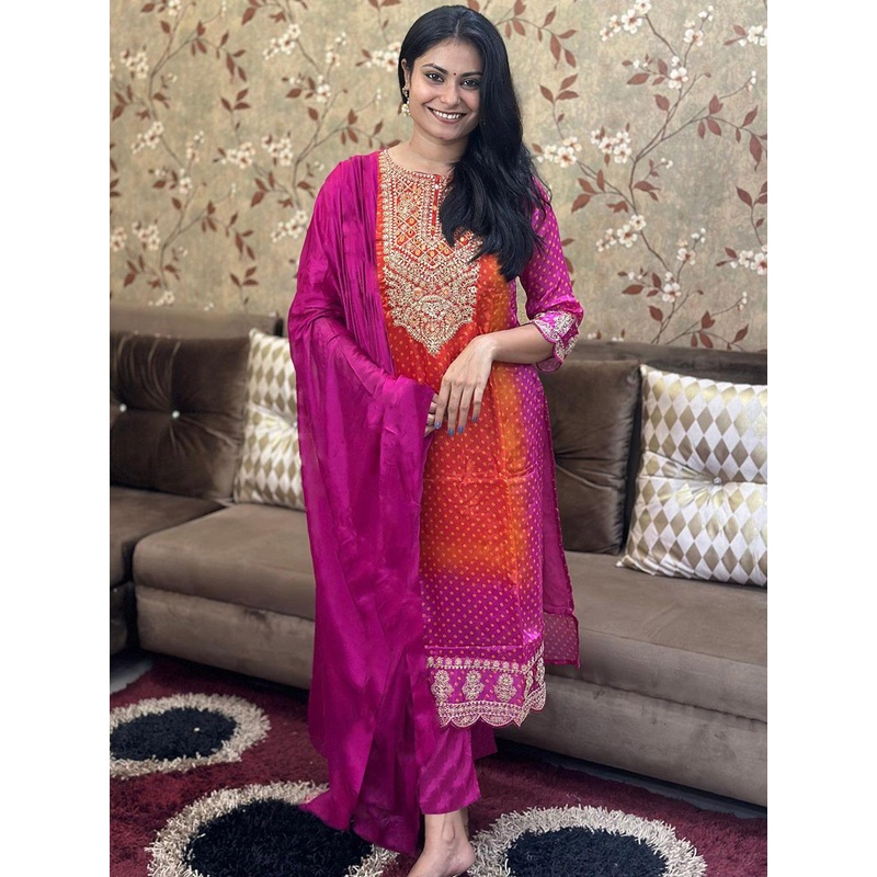 GoSriKi Bandhani Printed Zari Straight Kurta With Trousers And Dupatta