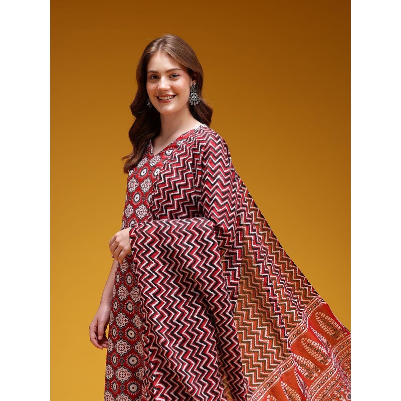 HERE&NOW Ethnic Motifs Print Pure Cotton Straight Kurta with Trousers & Dupatta