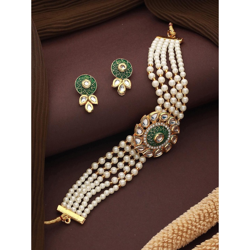 Jazz and Sizzle Gold-Plated Kundan-Studded & Beaded Meenakari Necklace & Earrings