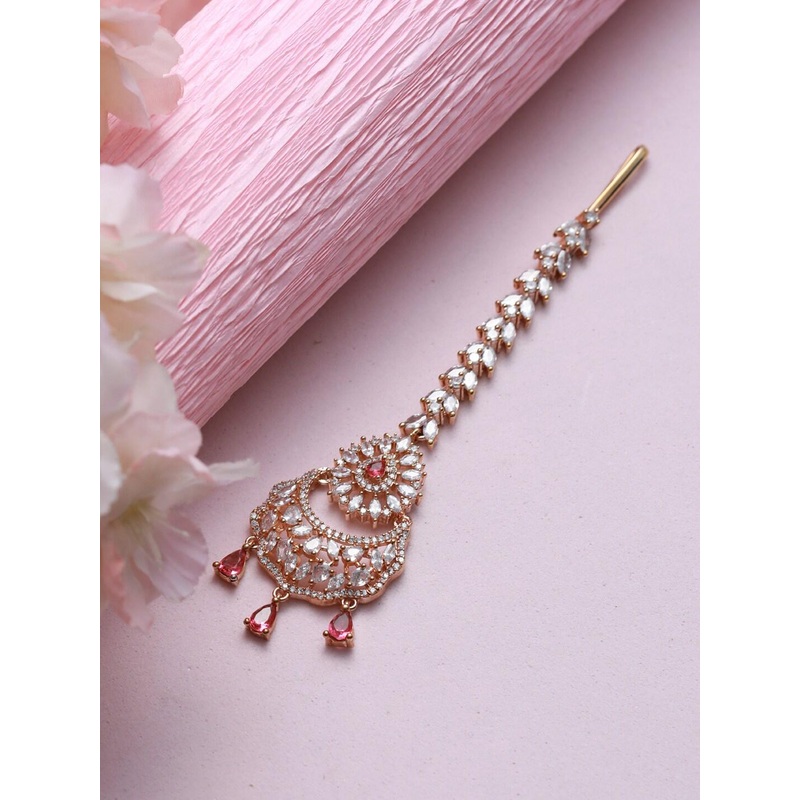 Jazz and Sizzle Rose Gold-Plated Magenta & White AD Studded & Beaded Maangtika