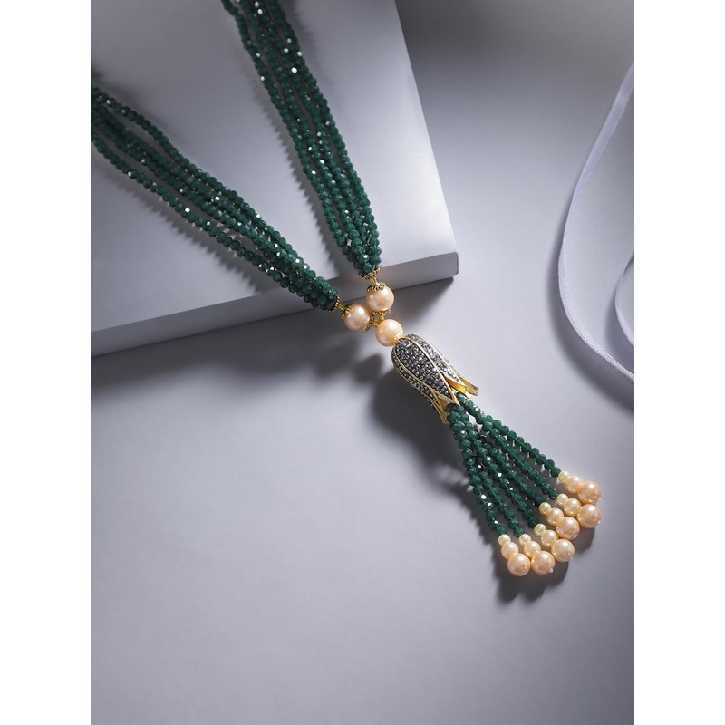 Jewels Galaxy Green & Off-White Gold-Plated Stone Studded & Beaded Tasselled Necklace