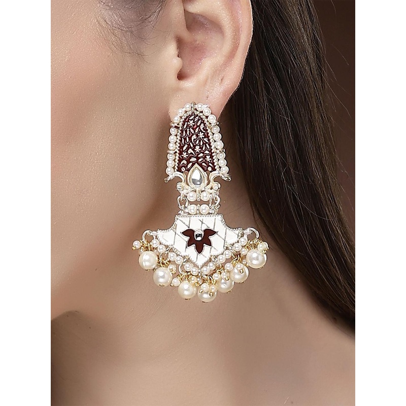 KARATCART Gold-Plated Meenakari Floral Kundan Studded & Pearls Beaded Drop Earrings